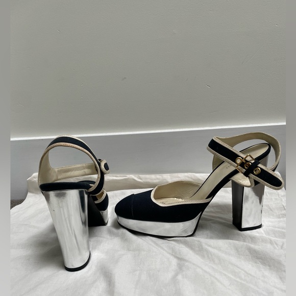 Miu Miu Silver Leather Black Linen Platform High Heels Size 39 - Picture 4 of 8